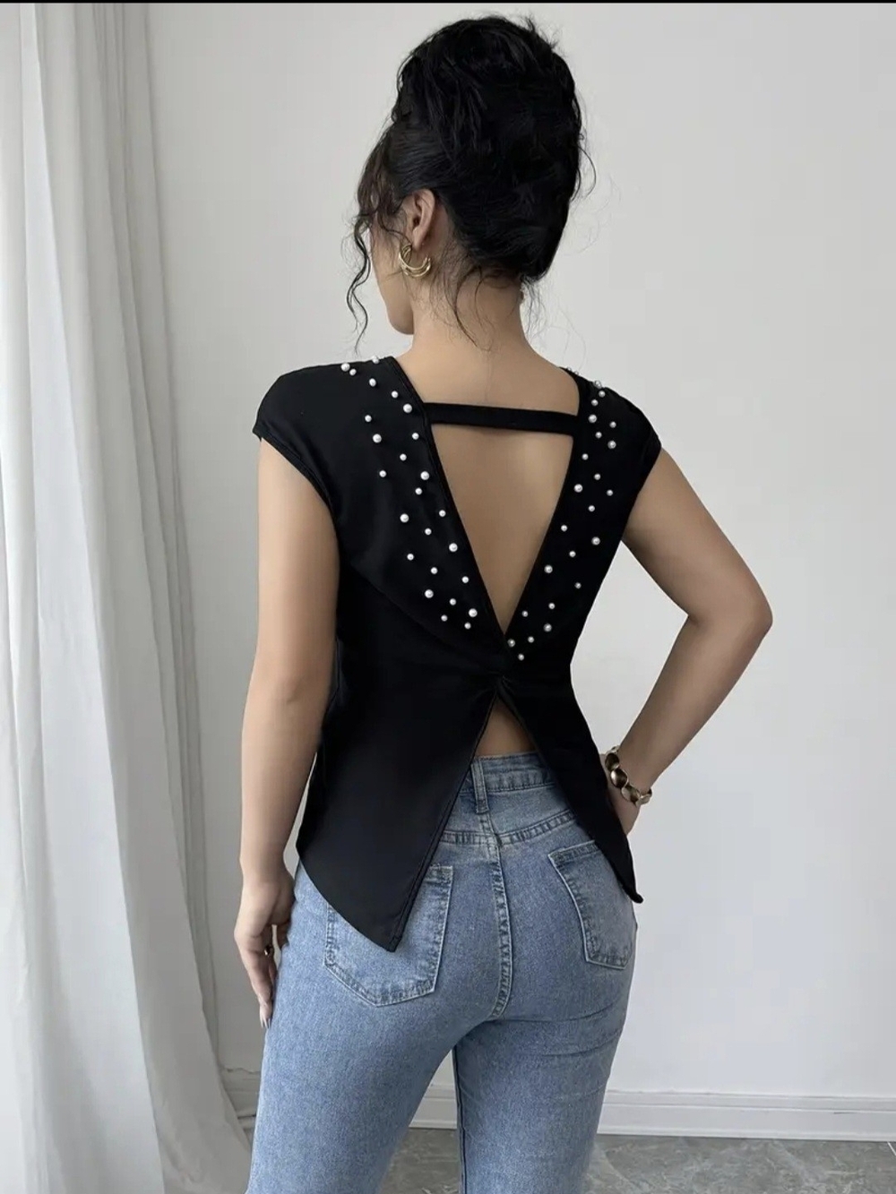 Black Pearl-Embellished Open-Back Top